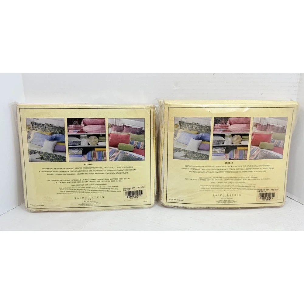 Vintage Ralph Lauren Studio King Sheet Set Yellow Stripe Flat Fitted Cotton NOS
